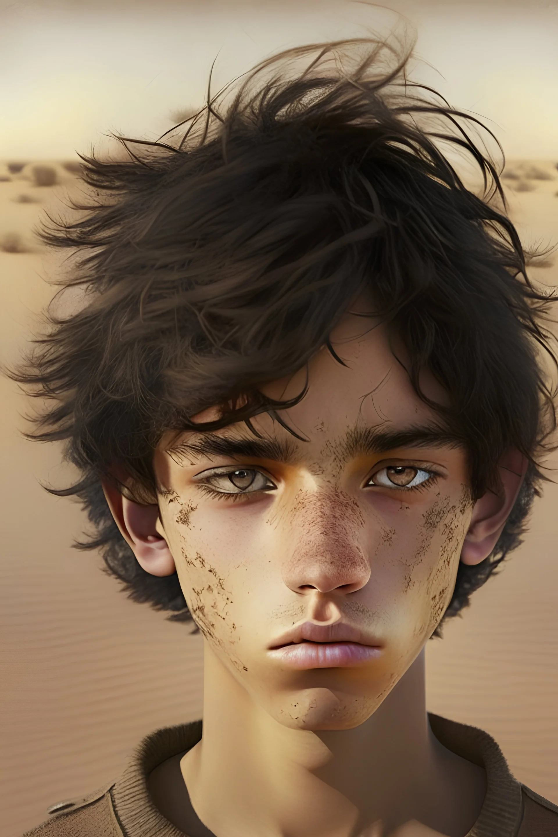 a 15 year old boy with tumbleweed skin neatly army trimmed hair with a slightly protruding upper jaw with medium sized dark brown eyes and very slightly skinny and very light eyebrows