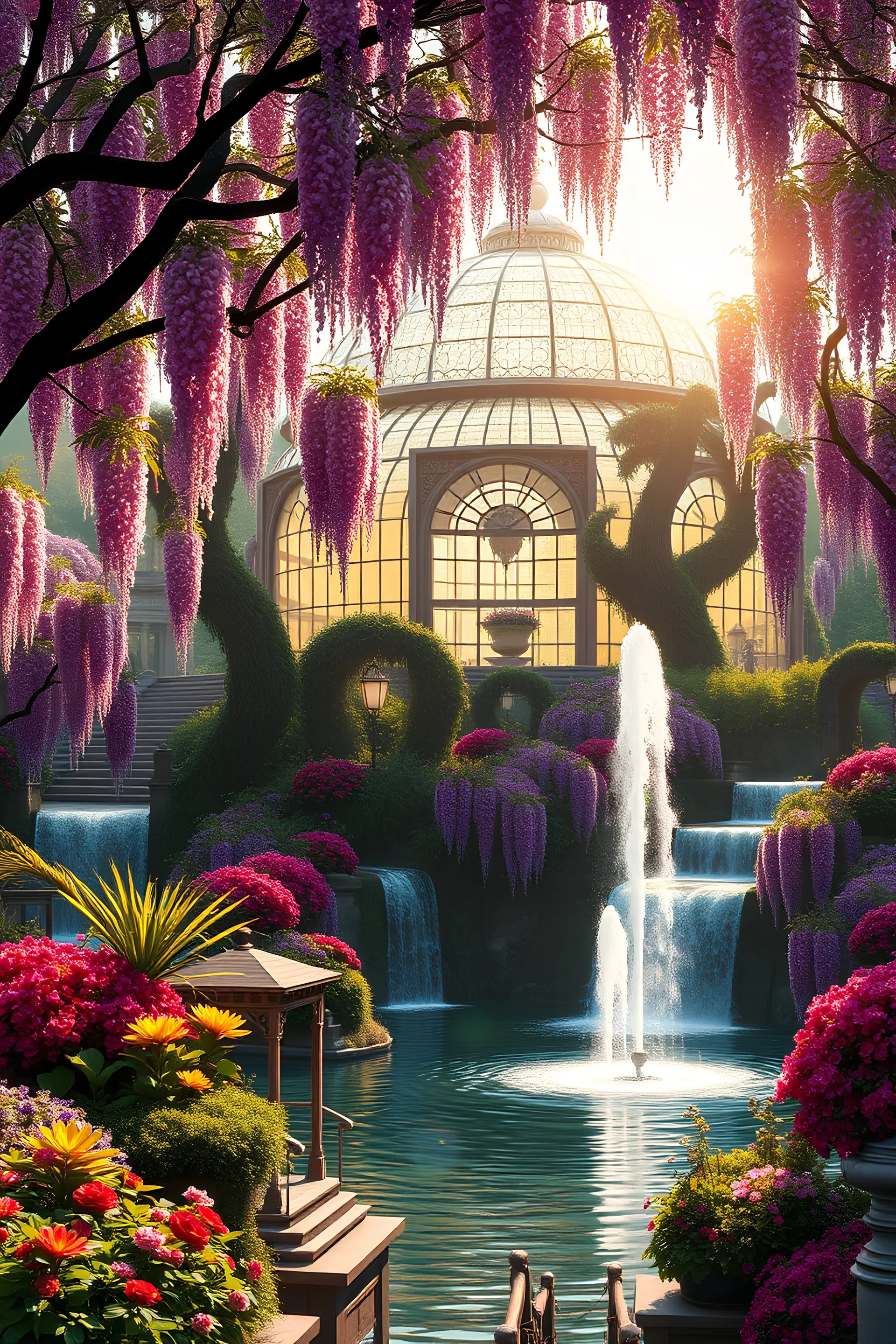 beautiful luminous crystal temple greenhouse, a lot of flowers, magic fountain, waterfalls around, old trees, luxurious gigantic multiple palace city of the god, 8k, hyper-realistic, super detailed, cinematic wisteria blooming trees in the background, jacaranda trees, geodesic architecture, charming and fairy garden, wooden bridge, sun, blue or parma light beams, sun, high definition