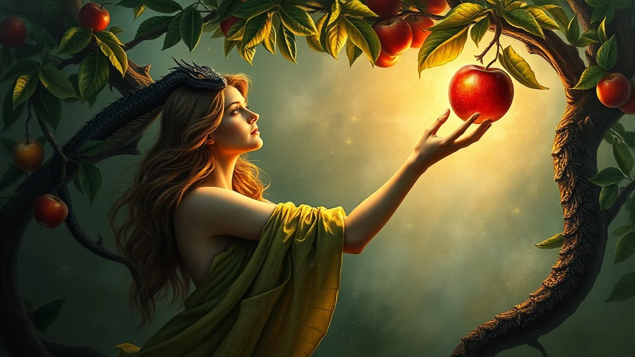 Masterpiece, Fairytale Atmosphere, Haze, Textured Oil Painting with Visible Brushstrokes, Eve in Leafy Clothing in the Garden of Eden Reaches for an Apple, A Serpent Perched on an Apple Tree Branch, Detailed and Effective Lighting Creates a Magical, Fairytale Picture. Detailed and Effective Lighting Creates a Magical, Fairytale Image. Realistic, Volumetric Lighting, Mixed Media, Surreal Futuristic Portrait, Glow, Textured, 3D, 8K, Best Quality, Fine Art, High Detail, Hyperrealism, High Resolutio