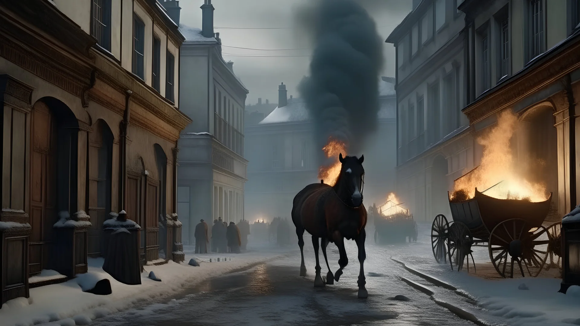 dusting of snow, Victorian London Street in ruins, horse running toward the viewer, the horse has caught fire, war scene, Apocalyptic, photo-realistic, widescreen, cinematic,