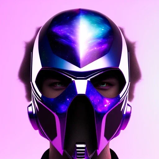 futuristic purple masked villain in galaxy, teal and purple smoke, detailed, realistic, 4k