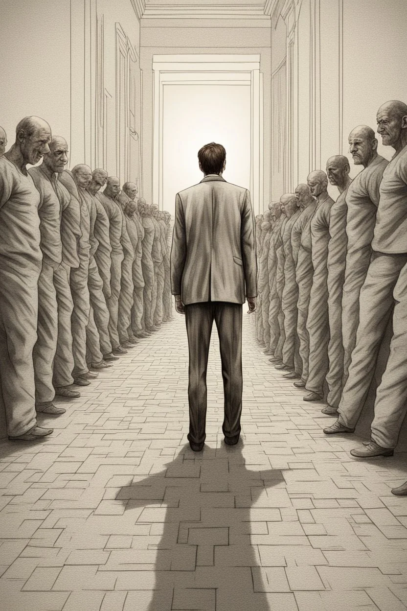 A realistic and high definition picture of a man standing in front of his own path to insanity.