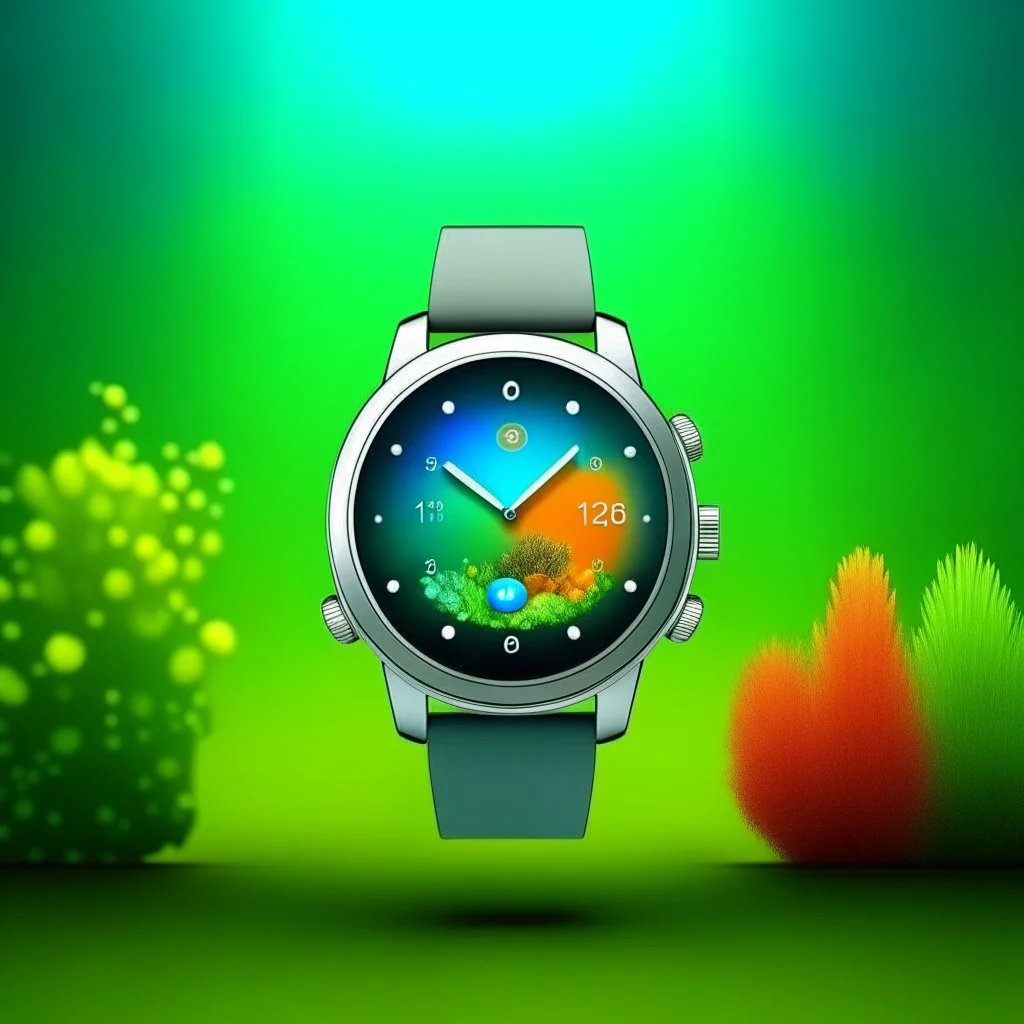 Smart watch . Sea and nature emerge from the smartwatch screen. The watch is standing in the place where the products are displayed, and this place is in the studio with simple colors without any distractions. All this I need a marketing advertising campaign