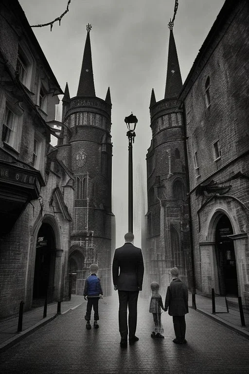 Creepy Old photo of Southampton bargate and eerie cat man and twisted street lights focussed on children's faces