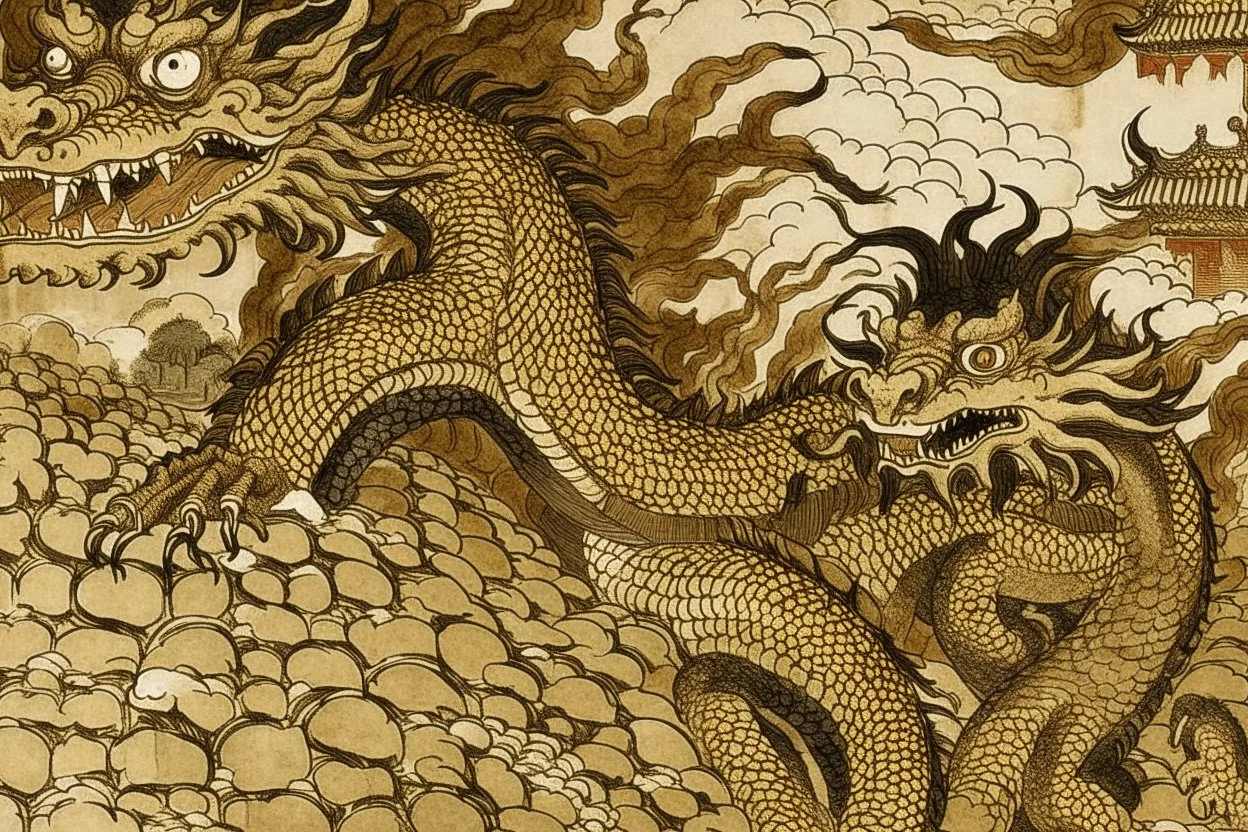 A brown wall fortress with dragon heads painted by Katsushika Hokusai