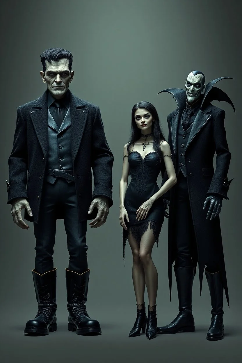 8k UHD, Hyper-realistic. professional quality DSLR photograph. The Munthers – Gothic Monster Family Morty Munther: standing in the center - Towering Frankenstein-style father - Flat-topped head, neck bolts, stitched features - Pale gray-green skin, short black hair - Wears a heavy black wool suit and tall platform boots - Gentle giant with a crooked grin Lila Munther: standing next to Morty - Elegant vampire matriarch - Pale, light olive-green skin with a spooky glow - Long bl
