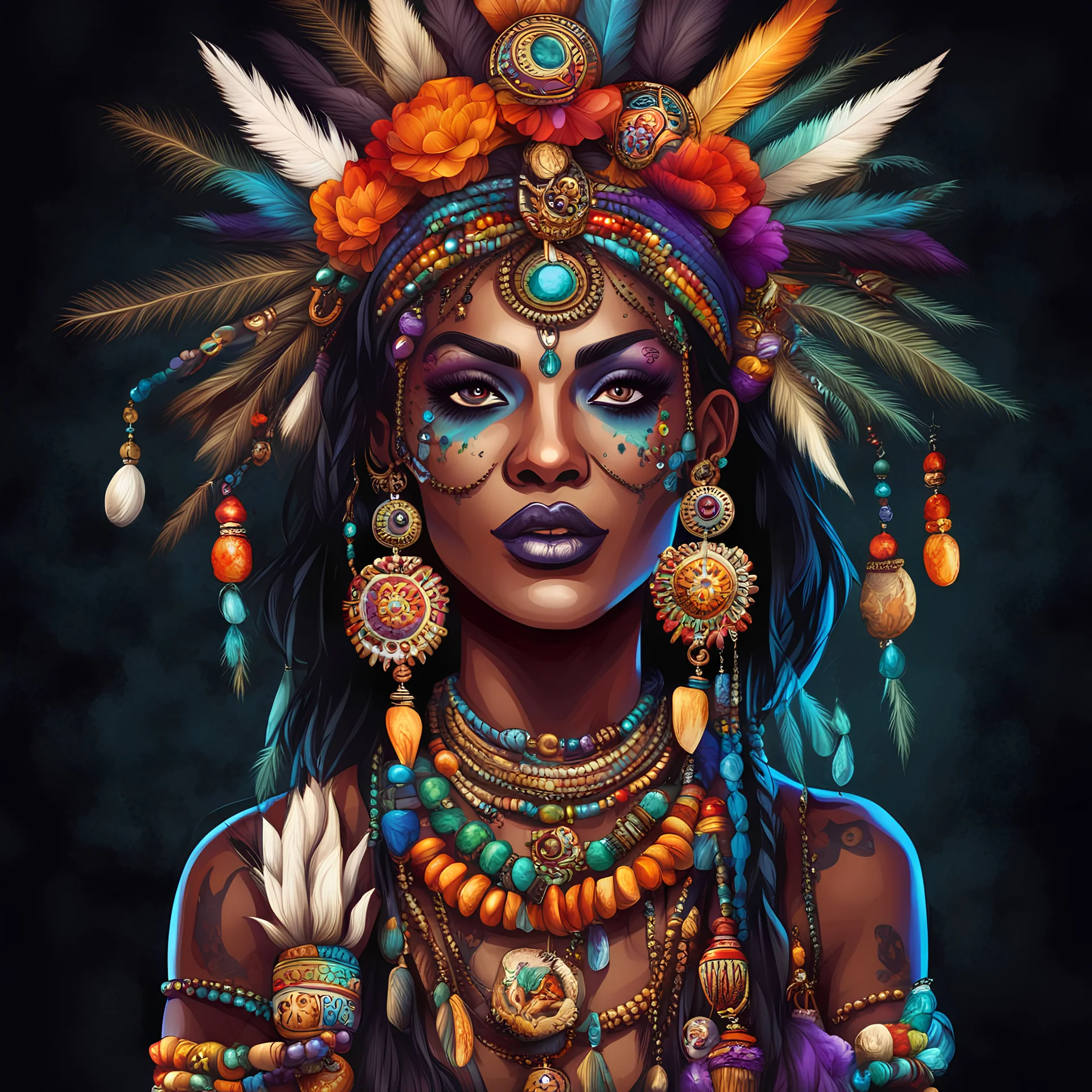 Illustration of a beautiful witch doctor woman with colorful talismans and bone ornaments in hair, dark background