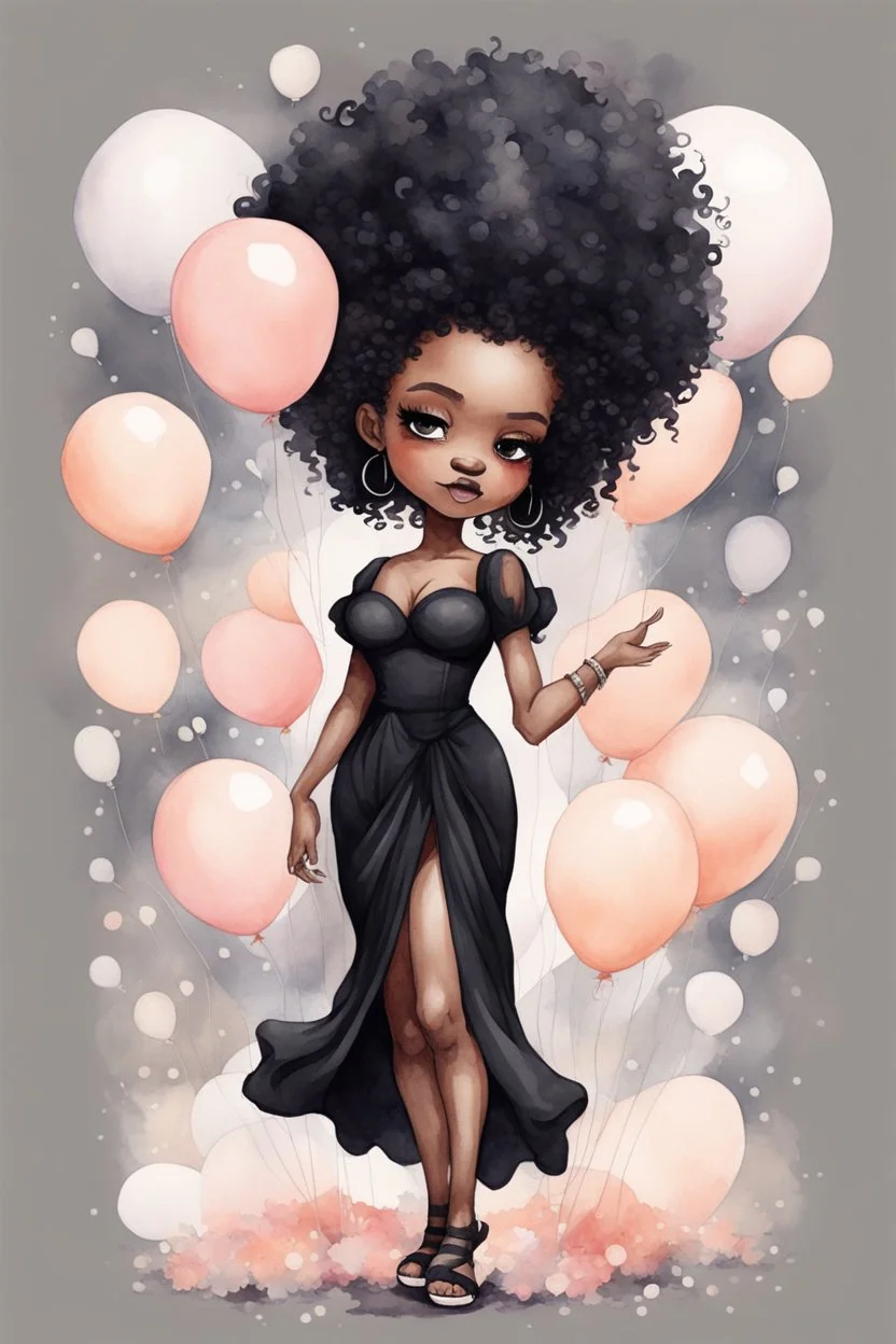 A watercolor fairytale style of a chibi cartoon wearing a black maxi dress and black sandals. Prominent make up with hazel eyes. Highly detailed tight curl afro. Background of white, peach, and gray ballons everywhere.