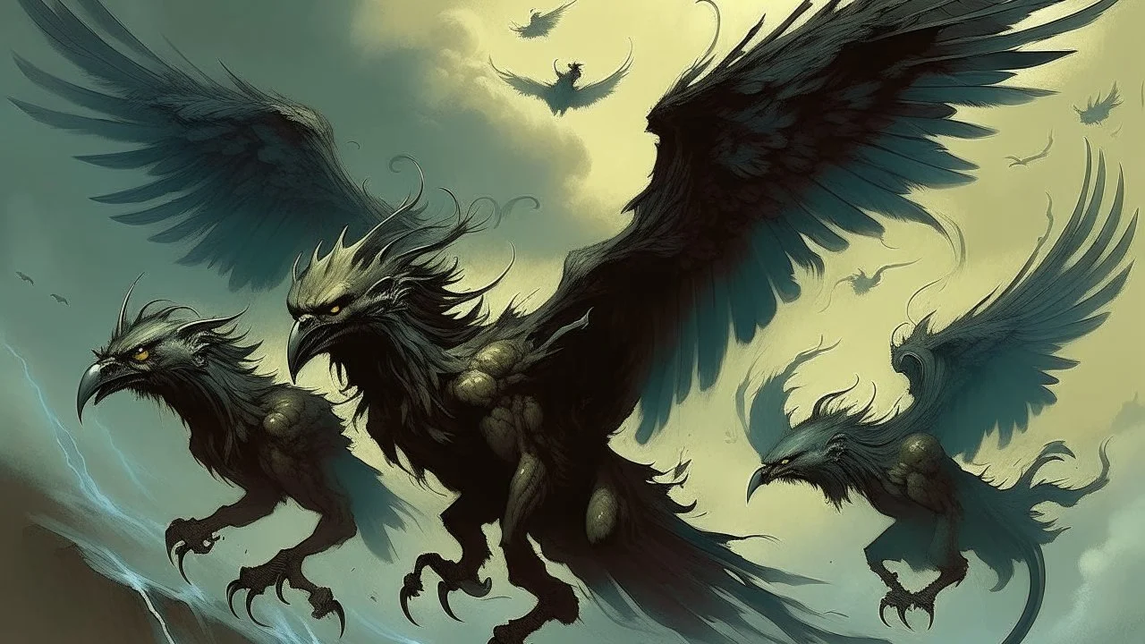 Fearsome harpies with razor-sharp talons and feathered wings, swooping menacingly through stormy skies. Mythical bird-women hybrid creatures with wild hair and piercing eyes. Dark fantasy artwork in the style of Frank Frazetta.