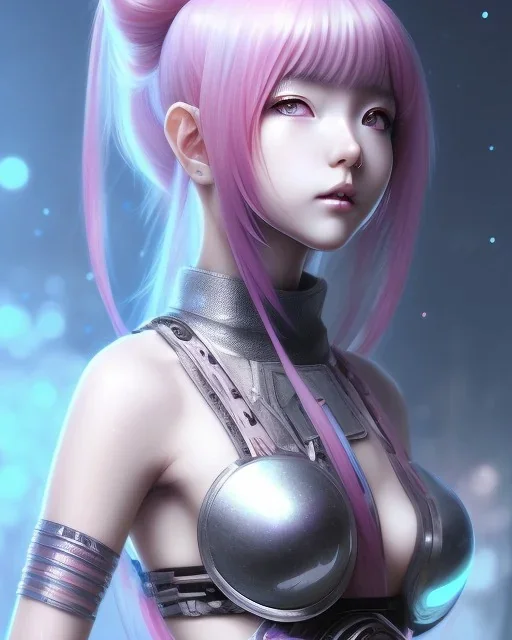 Detailed cute anime Kunoichi girl, blue hair buns, pink bangs, black latex bodysuit, intricate details, full body portrait, keep head in frame, slight smile, black Japanese motif, concept art, highly detailed, digital painting, concept art, sharp focus, illustration, art by Yoji Shinkawa, WLOP and greg rutkowski and alphonse mucha and artgerm and yanjun Chen and Junji ito and Makoto Shinkai, HDR, octane render