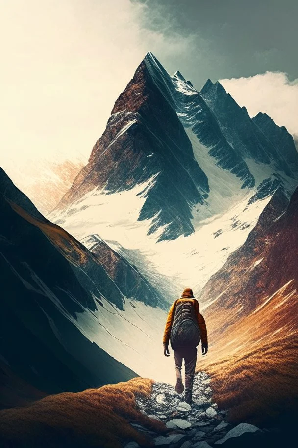 Escape to the mountains, person walking towards mountain