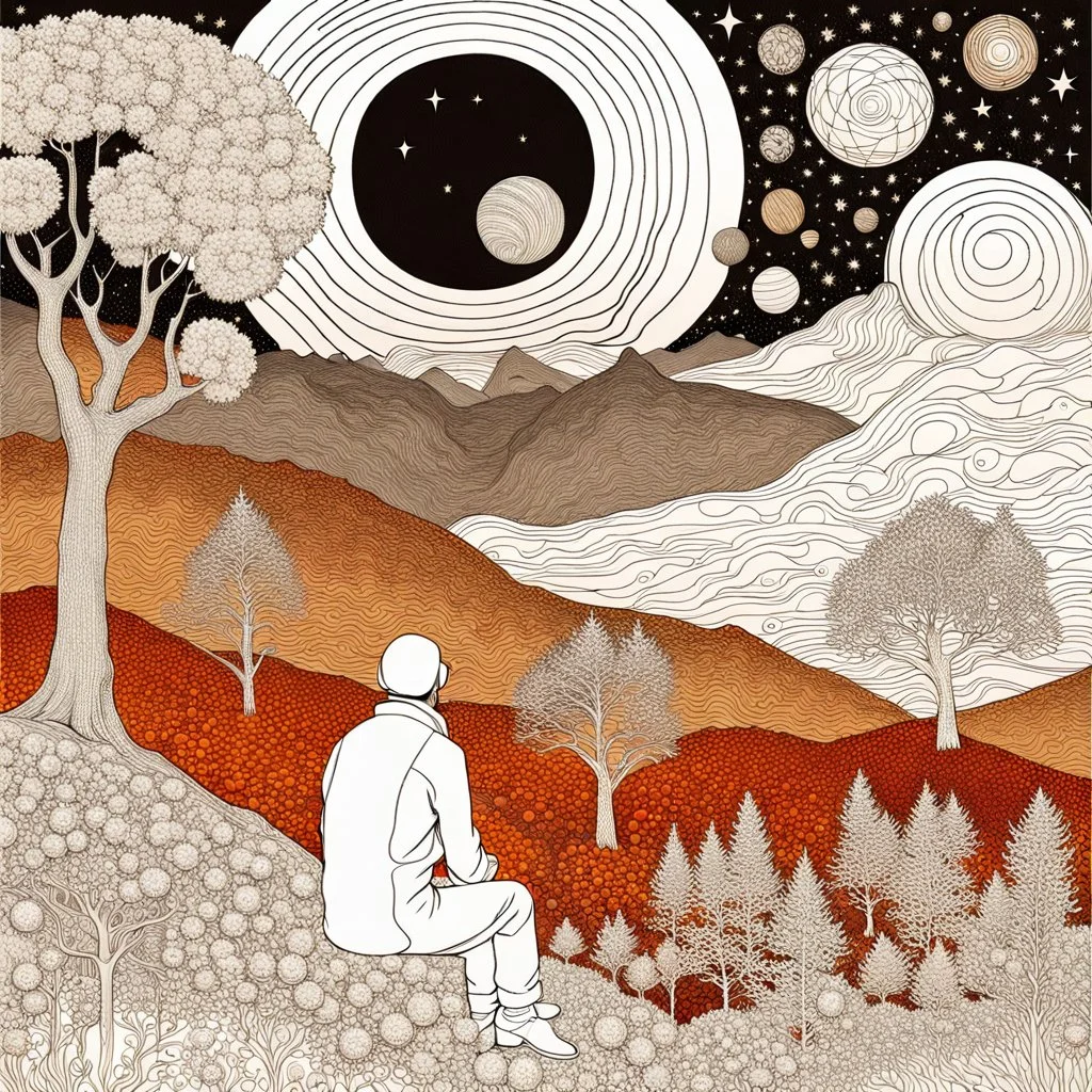 Autumn colors, peaceful, person, sharp focus, Max Ernst, Gustav Klimt, night sky filled with galaxies, stars, planets, rock formations, trees, silver rust gradient, flowers, one-line drawing, sharp focus, 8k, deep 3d field, intricate, ornate