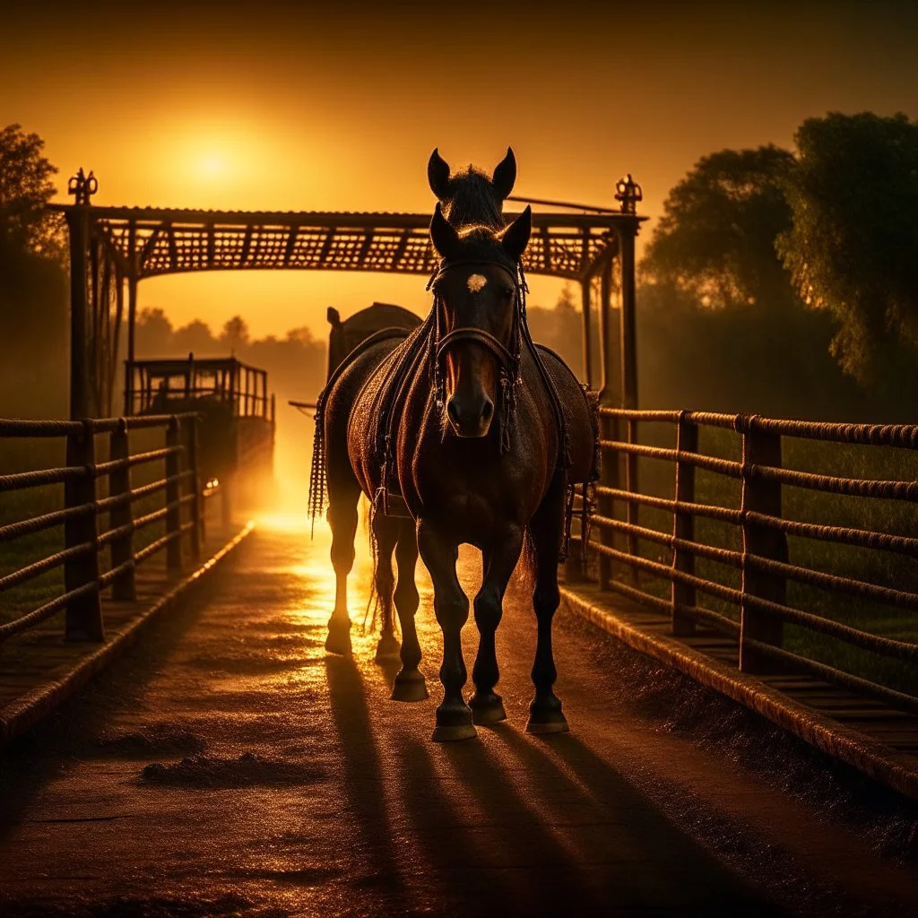 horse pulling wagon on burning bridge, motion blur, 8k, downlight, soft light, depth of field, photorealism, trending on art station, lotsa detail