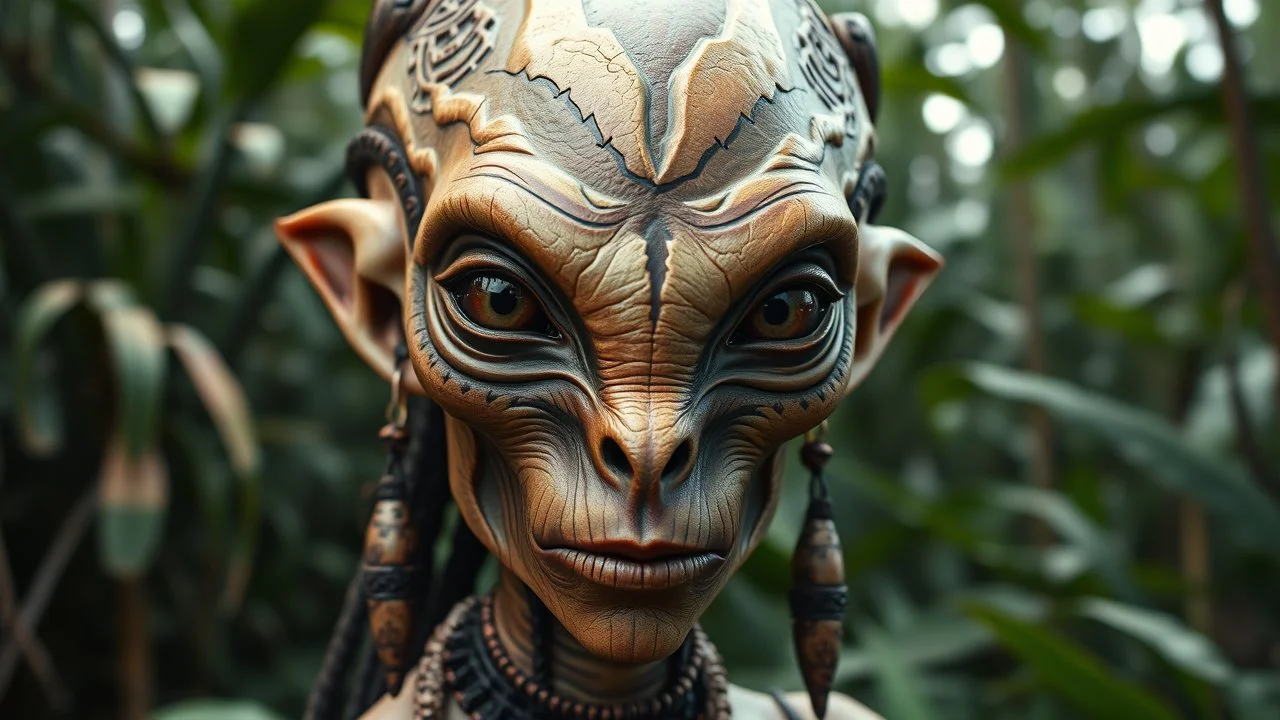 Plano general, hiperrealista, ultra HD, de un alien humanoide mujer, con rasgos mayas, tatuajes tribales, piel cobriza texturizada, cráneo alargado, joyas tribales ojos grandes, almendrados, pupilas redondas y oscuras, nariz pequeña y ancha, fosas nasales pequeñas, labios finos, orejas puntiagudas. fondo de la figura entorno selvático.