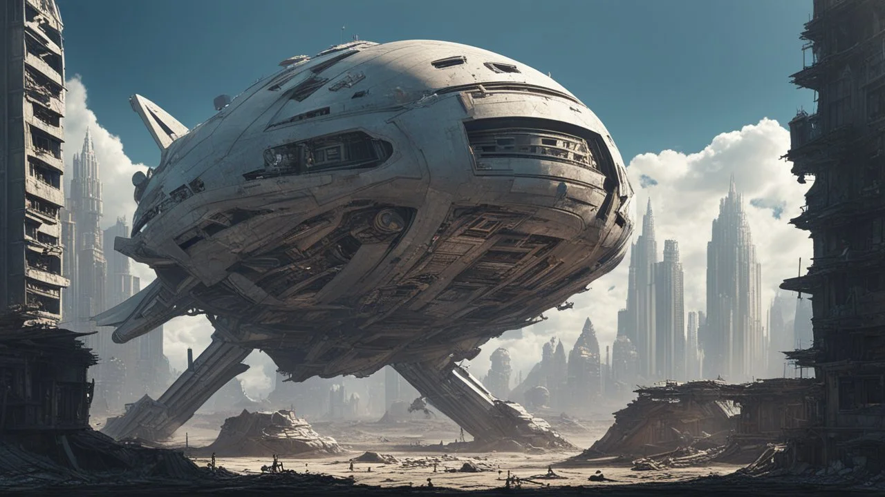 A small, wide, squat, sleek Spaceship in a ruined alien city, surrounded by tall damaged buildings, clear blue sky, small white clouds, photorealistic