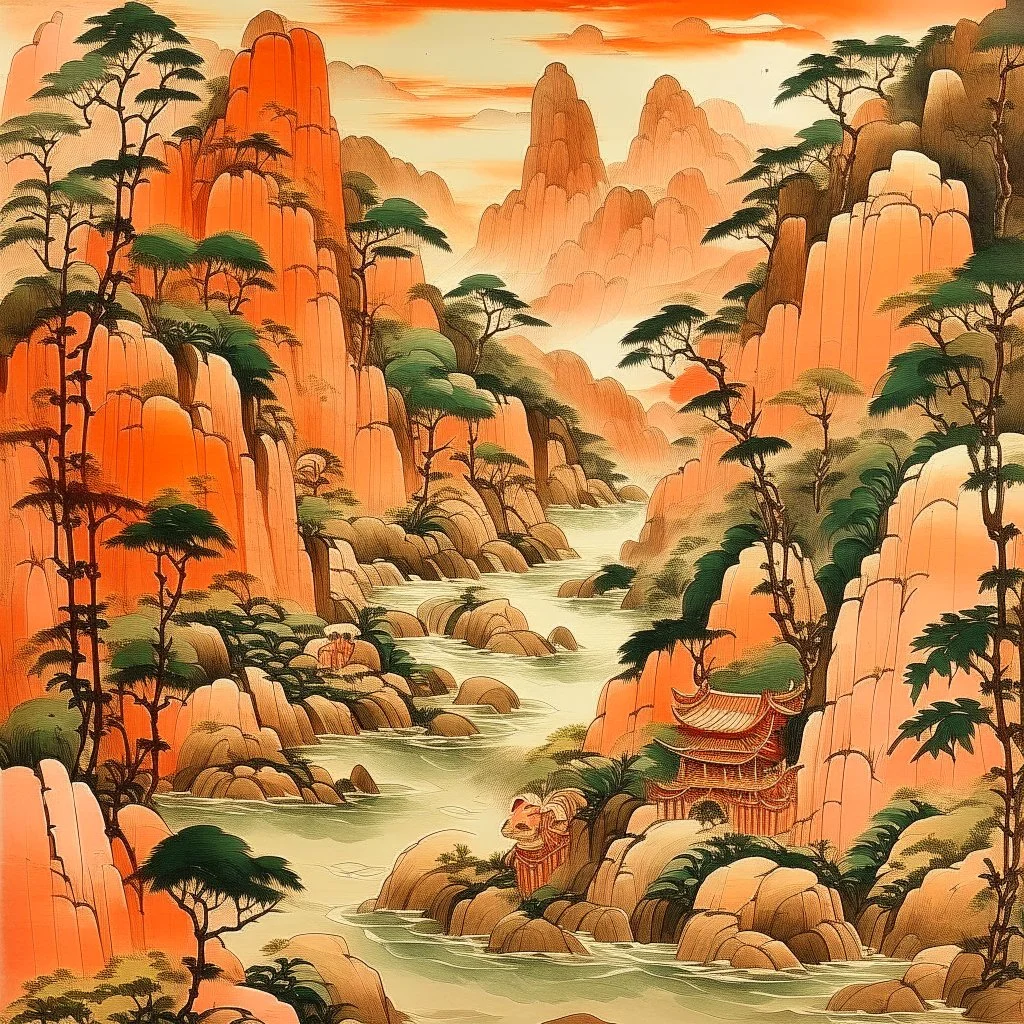 A light rosy orange colored oriental gorge with pandas designed in Chinese paper art painted by Cai Jia