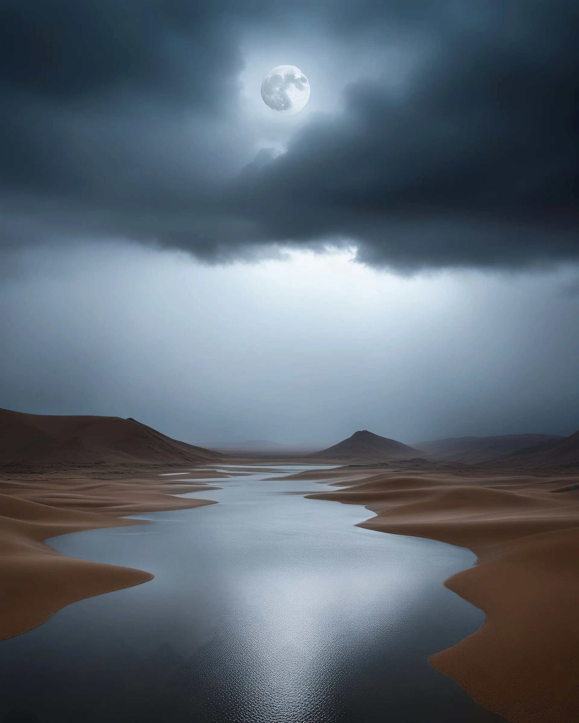 ultraralistic photography of people are sinking in flooded in storm oasis in the desert clouds and rain and fog dim moon covers by thick clouds hills from a distance