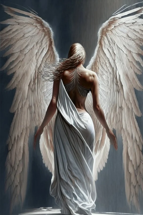 full body woman angel from back wings coming from her back, angel wearing long tunic hyper realistic