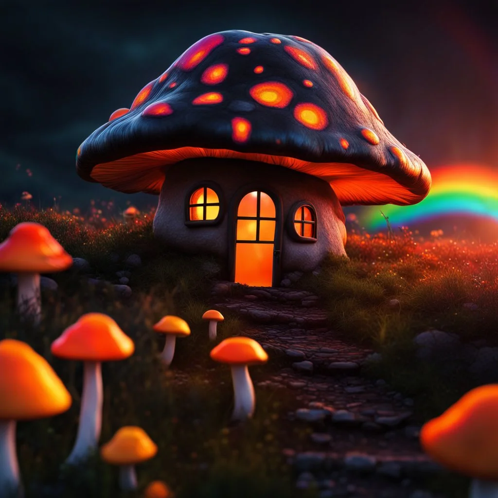 Mushroom home overlooking a ravine. black, vivid orange, iridescent rainbow and dayglo colors. Illuminated sunrise tundra. professional photography, fantastical, intricate detail, broken blurred background, hyperdetailed, insane depth, voluminous lighting, concept art, 8k resolution, trending on artstation