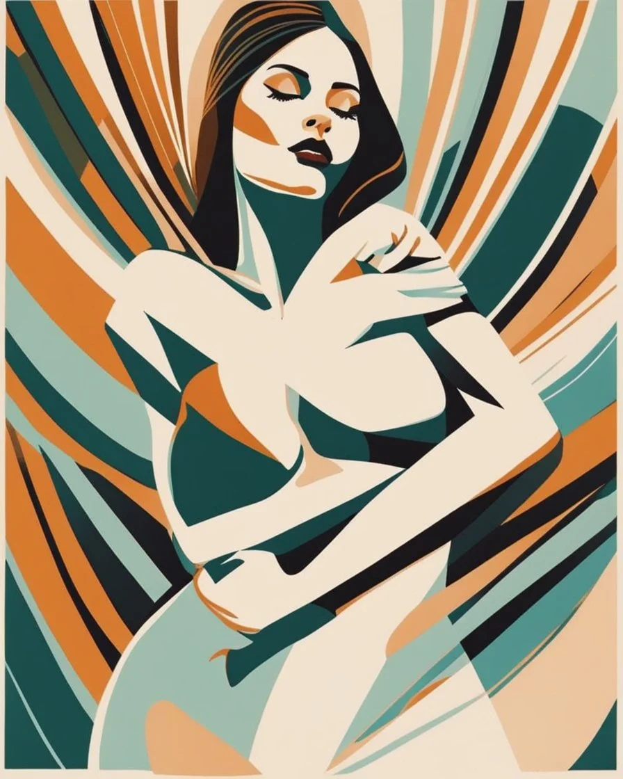 Esboço linear do corpo de uma mulher, with her arms cover her chest line fluid abstract, art style by Coco Vandi, retro minimal, trendy art, art style by Eckhart Tolle and Fabio Hurtado