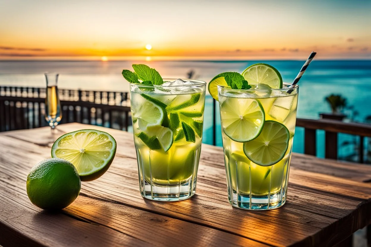 Two glasses of a mohito coctail beverage with lime are on a dining table on the balcony, overlooking a beautiful sea waterfront view. sunset, warm lights, harmonic calm mood, highly detailed, high contrast, perfect lights, masterpiece