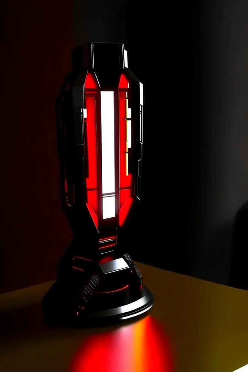 gaming lamp, form inspired by avengers tower, architecture form, modern design style and black and red color