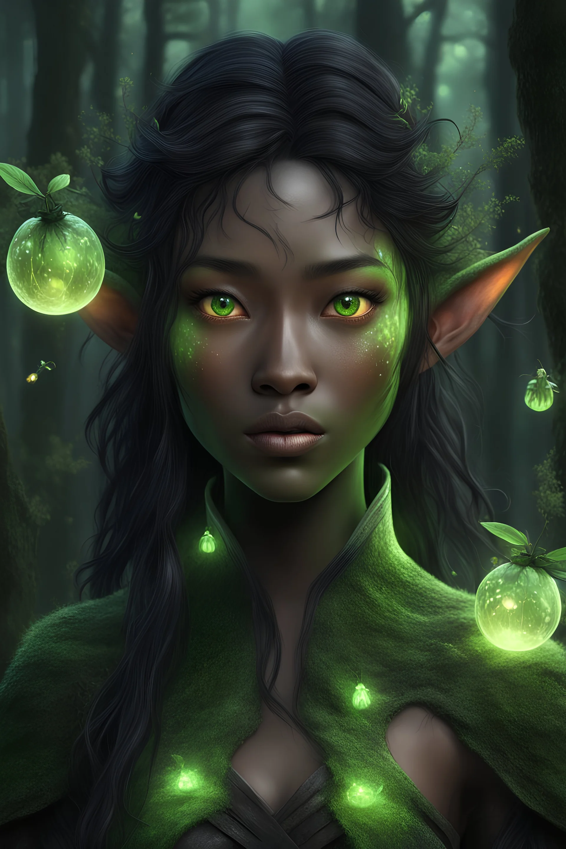 Druid, Elf, Mongolian face, Japanese face, green glowing eyes, black hair, dark skin, mossy, natural, mystic, 3d Fantasy Art, detailed, realistic, shabby, black dress, majestic, forest, fireflies, woody