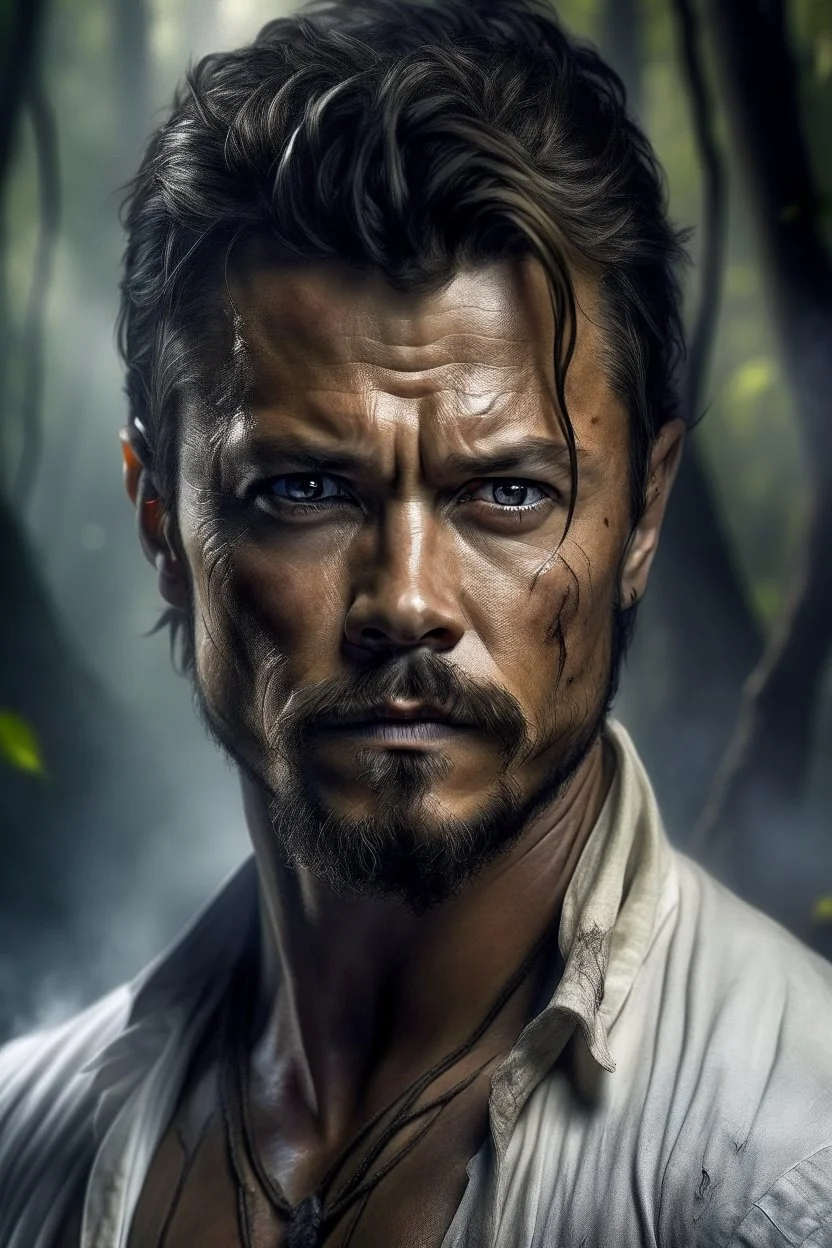 Portait Josh Duhamel as fantasy alpha male very muscular short cropped hair and rough beard, tribal tattoos wearing white button up shirt with rolled up sleeves realistic face, close-up, dark fantasy, fantasy forest, intricate details, hyper detailed, photograph