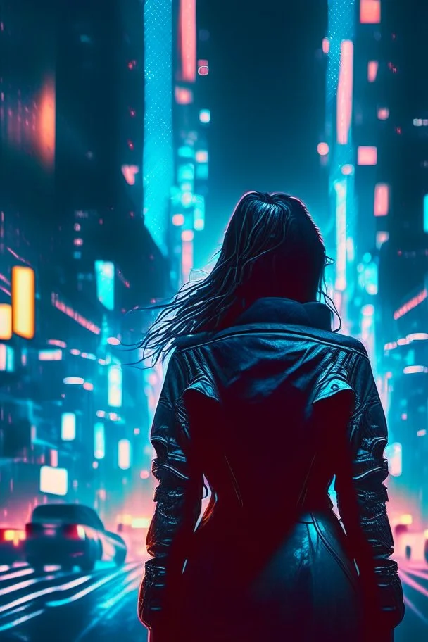 woman from the back silhouetted by neon lights facing night futuristic city in photorealistic style, cyberpunk, ice blue neon signs, street level view, raytracing, depth of field, cinematic, highly detailed, rim lighting