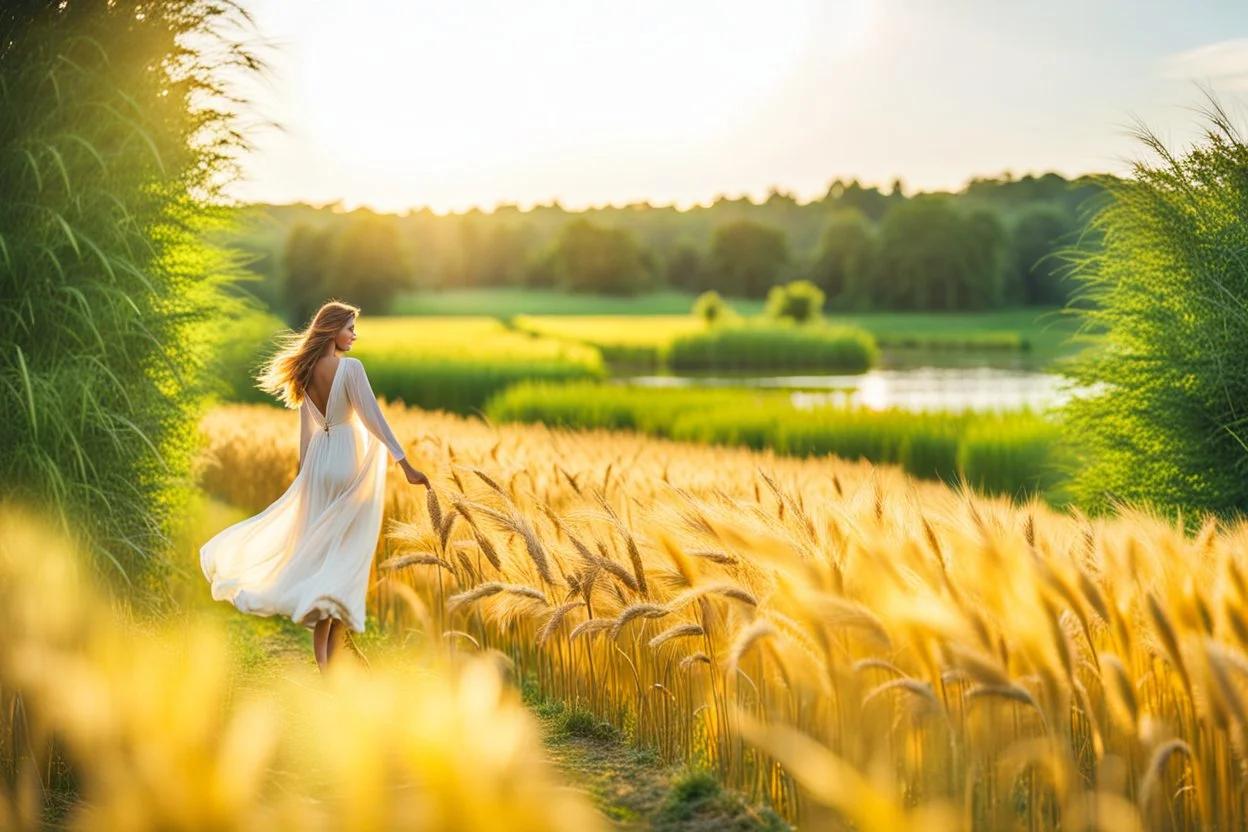 wide angle shot of golden wheat field next to river ,a watermill on river, a beautiful girl in pretty long dress walking in