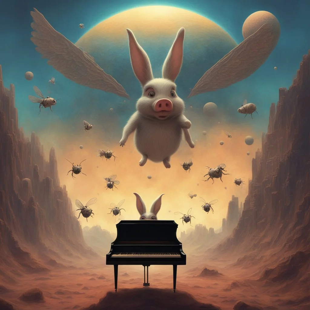 monochromatic bugs bunny composer piano, diffrent planet, one swine pig piggy flying wasp angel, beksinski style daker theme