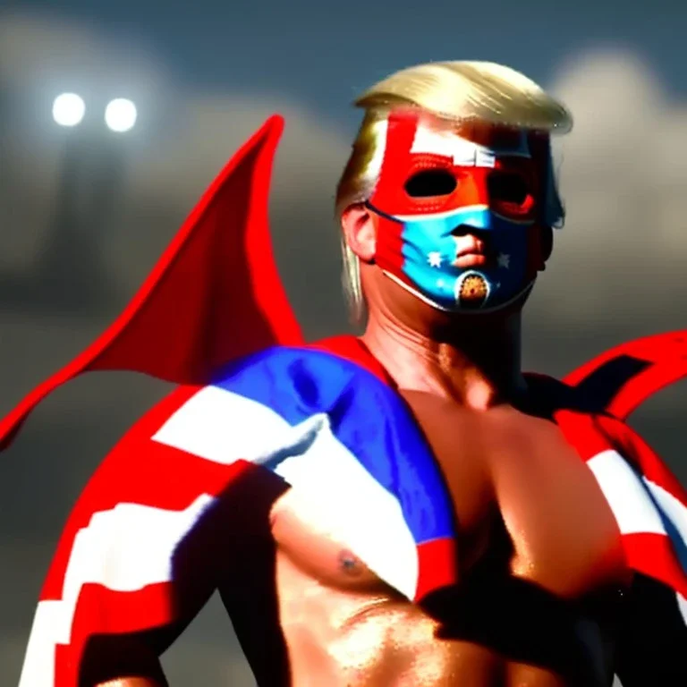 realistic image of donald trump as a mexican wrestling fighter posing outdoors, Mexican eyes wrestling mask, red and blue breeches with white stars, flag cape, sweat and blood, retro style, 80s, vibrant color, highly detailed, sky background, concept art, unreal engine 5, god rays, ray tracing, RTX, lumen lighting, ultra detail, volumetric lighting, 3d, finely drawn, high definition, high resolution.