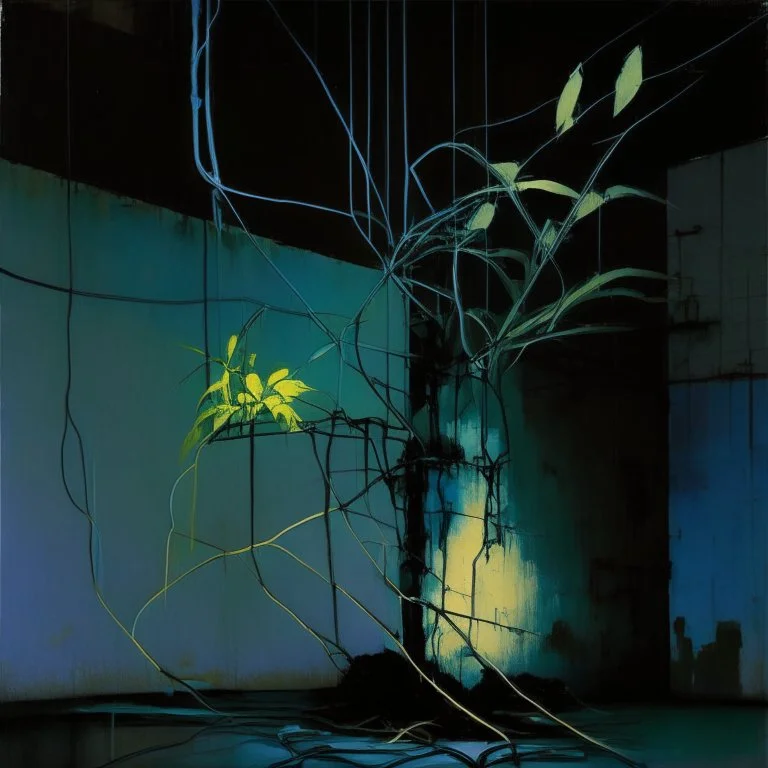 Minimal abstract oil painting of a plant in concrete warehouse brutalist architecture and hanging wires illuminated at night. With triadic colours. In the style of Justin Mortimer and Phil Hale, Ashley Wood