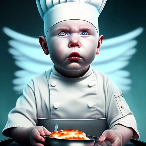 a sad human baby chef called tobias leander with no hair,halo, wings, drinking, sitting in chair, photo realistic spray painting, book cover illustration