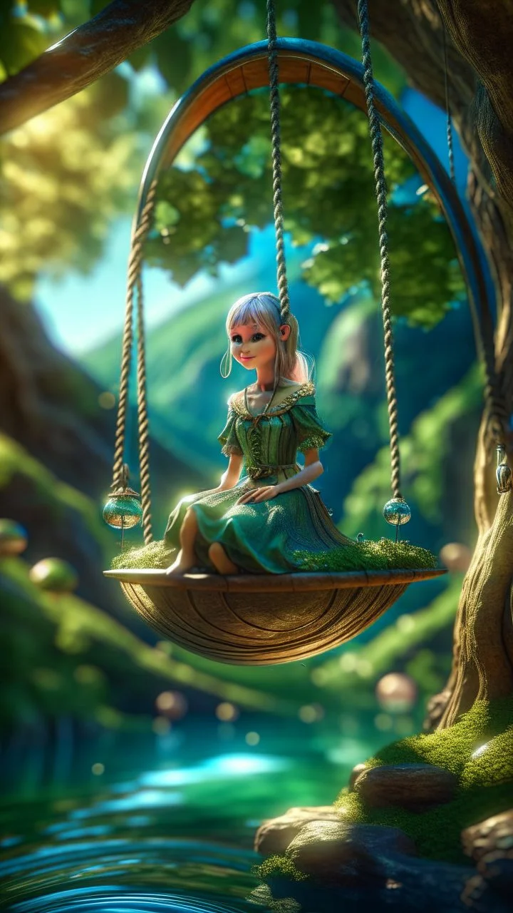 portrait of elf princess on a swing inside a boat crystal ball hanging from a tree in the mountain , shot on Hasselblad h6d-400c, zeiss prime lens, bokeh like f/0.8, tilt-shift lens 8k, high detail, smooth render, down-light, unreal engine, prize winning