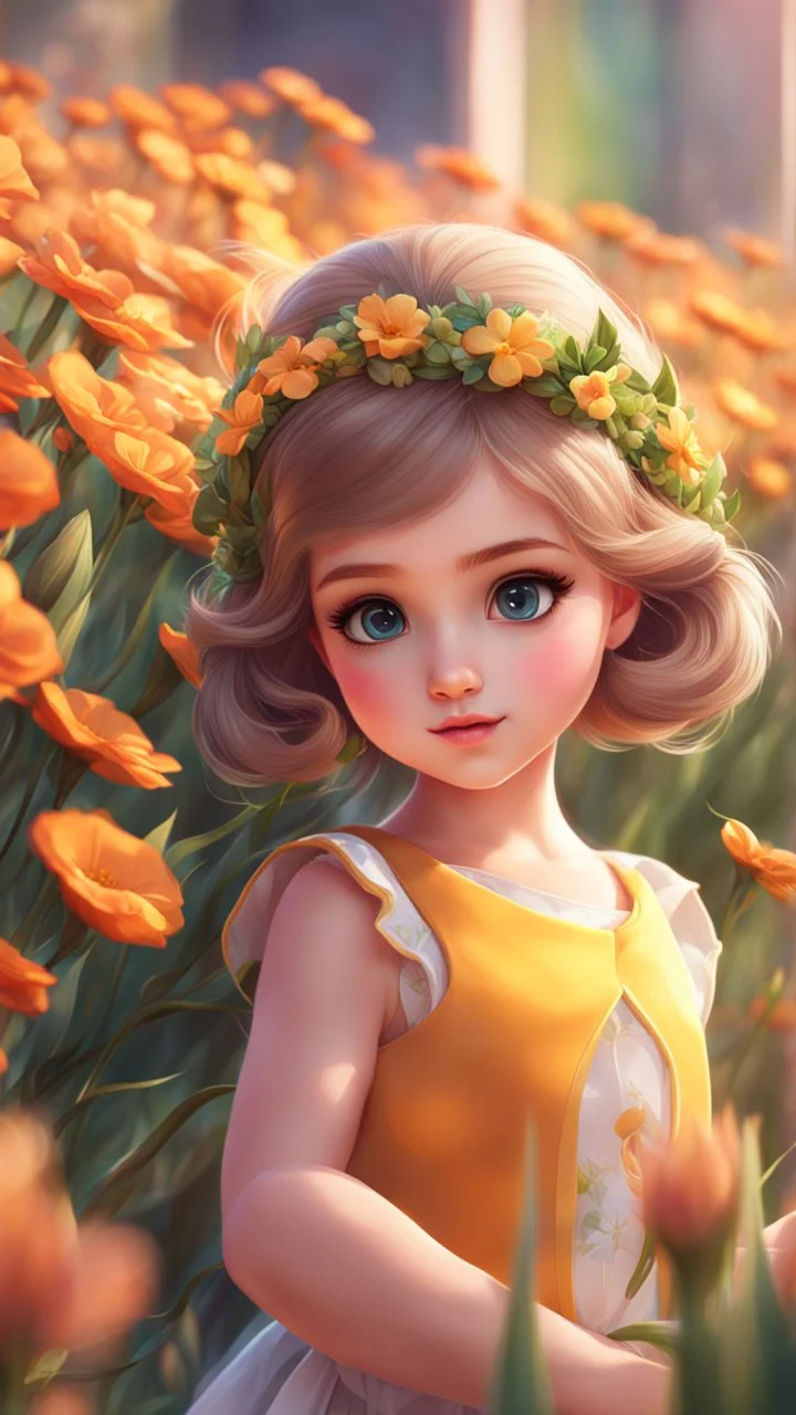 A little girl, adorable, big beautiful eyes, in dress, in flowers, cartoon, close-up, bright colours, digital graphics, fantasy, unreal engine, blender art by artgerm, perfect composition, octane rendering, masterpiece, sharp focus, high detail, art station, concept art, perfect composition, a model of ultra-high quality and clarity, perfect play of light and shadow, 32k UHD, hyper-detailing,