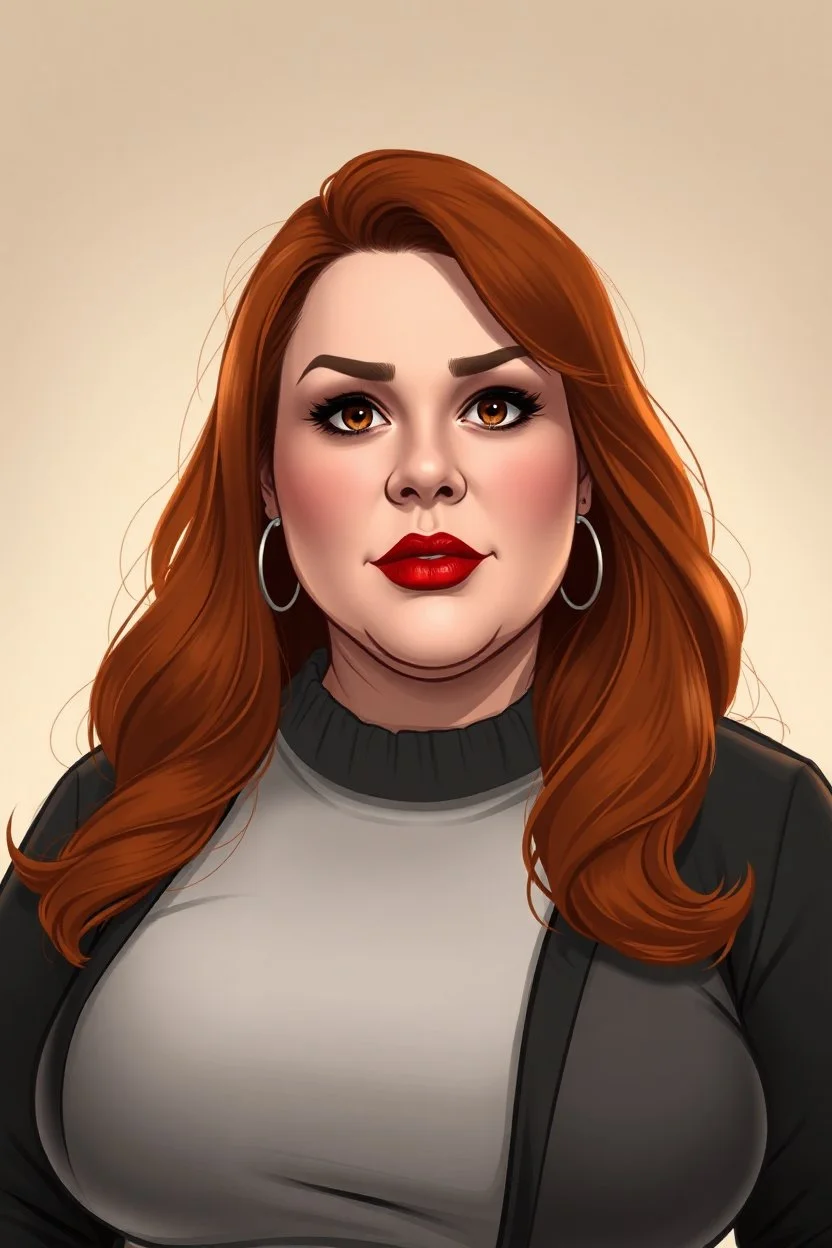 In a realistic, non-anime, cartoon style like: Portrait of 40-year old chubby redhead with thick red lips and smoky eyes who looks like Jewel DeNyle