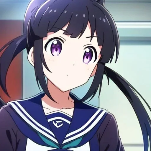 Clear focus, High resolution, short black fluffy hair, long locks, chopped bangs, pony tail, purple eyes, wearing a sailor uniform, (solo), anime screencap