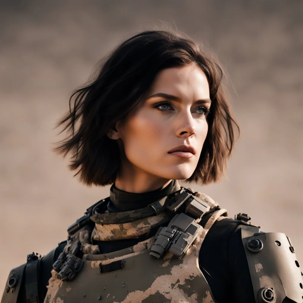 beautiful sexy caucasian female soldier, black metal body and limbs, visible cybernetic limbs, scratched sand camo, no armor, short brunette wavy bob haircut, dystopian, desert scene