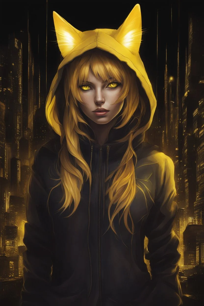 woman with glowing yellow cat eyes, wearing dark hoodie, very detailed, sharp focus, random background, fantasy, stunning