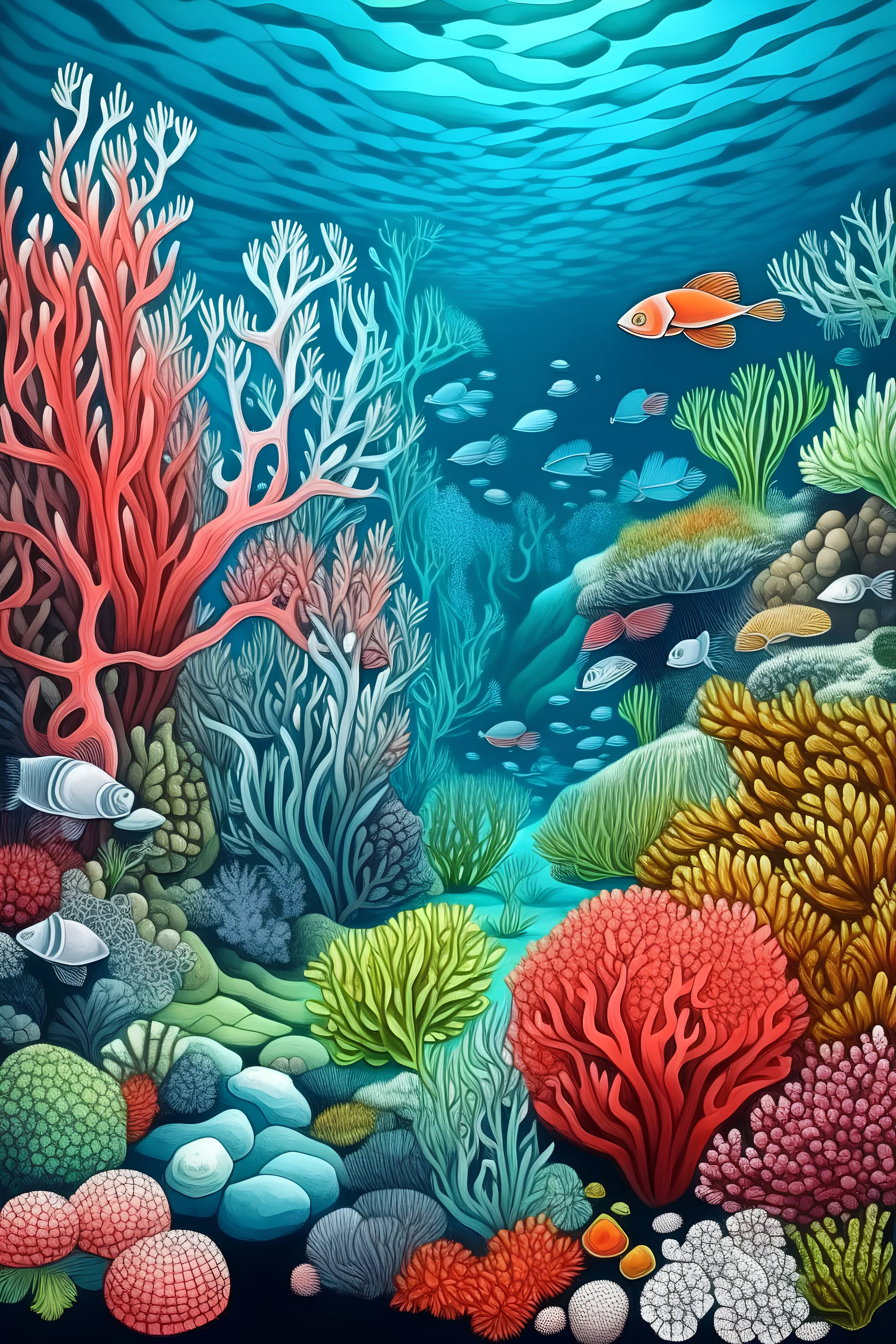 undersea life with corals and the picture looks like a drawing