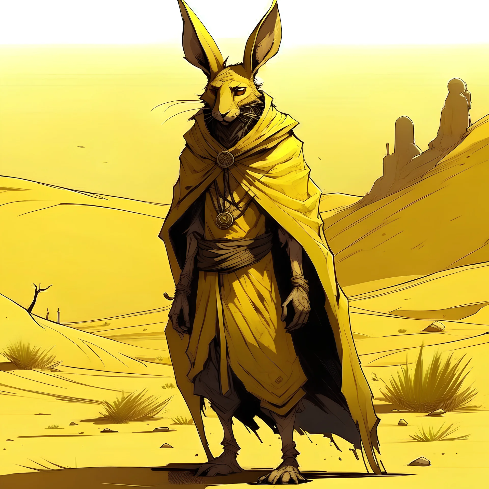 humanoid desert hare, fantasy rogue, androgynous features, slight build, casting a dark shadow, desert night scene, loose-fitting Persian style yellow cloak, thematic tone wash, characteristic comic style