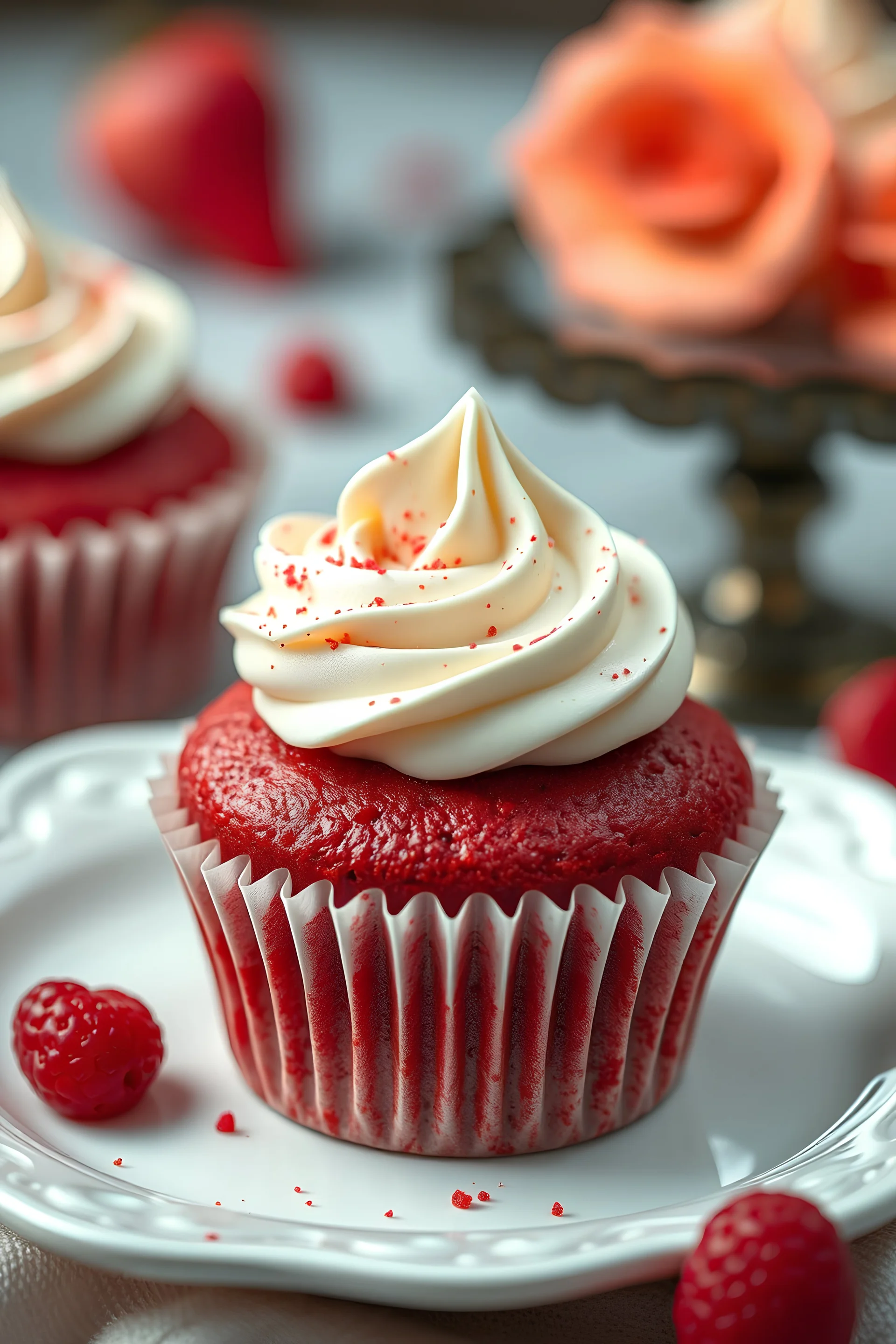 i want to generate an image for my blog red velvet cup cake with ai. write some epic cool image ai generation prompts.