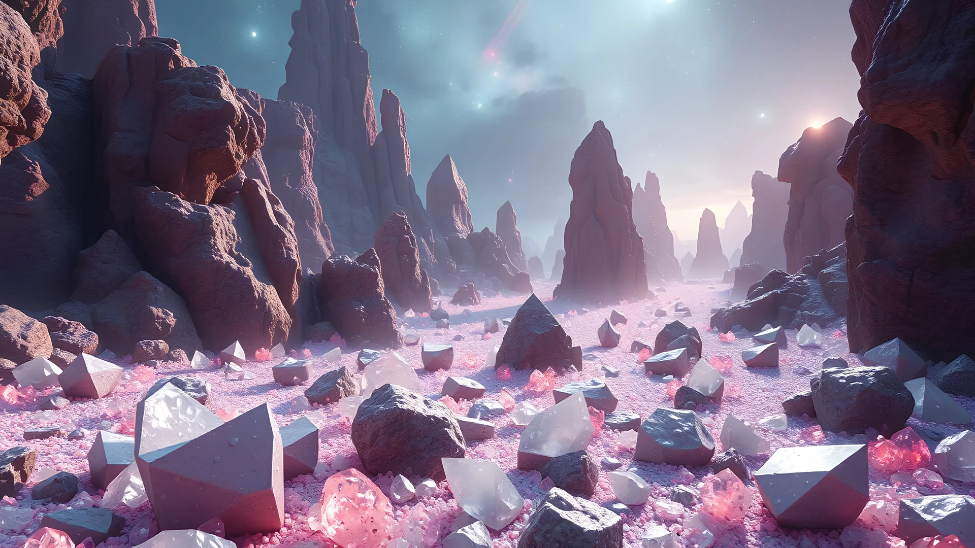 realistic photo of a landscape covered in crystals that looks futuristic with futuristic lighting