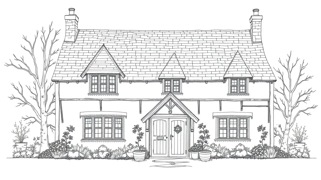 A highly detailed front elevation line drawing of Harry Potter's The Burrow.