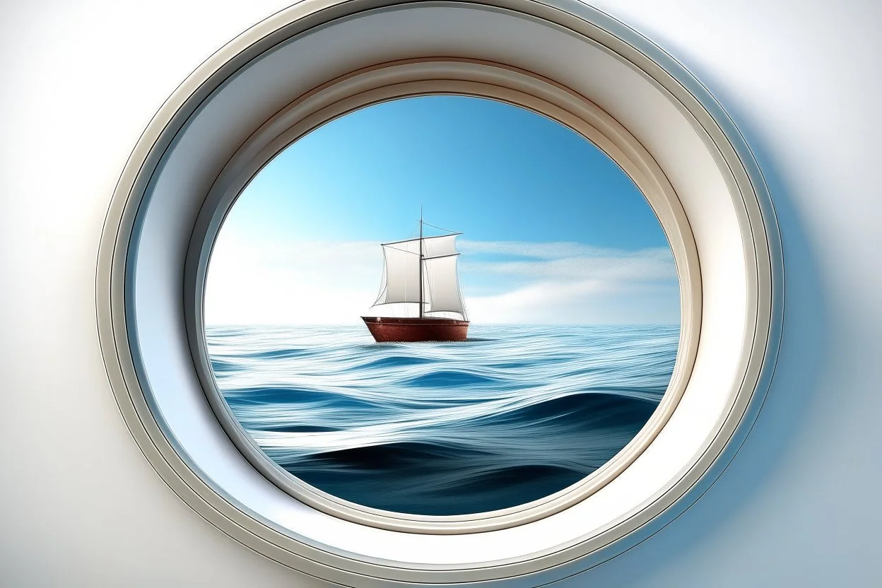 white,background,looking,through,a 3-d, hole,or,window,,a,seeing into an,ocean,with,sailing,boat