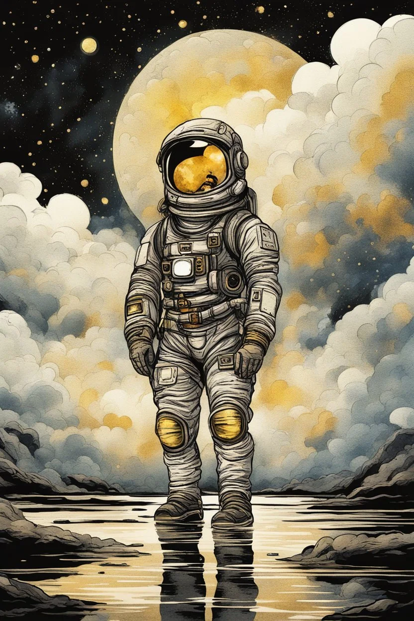 A detailed illustration muted chinese ink painting, magic cosmic colors, rice paper texture, digital paint, halo astronaut, one black and gold future portal in the sky. Venus. Space. Clouds wet to wet techniques. vibrant vector professional art. cartoon style