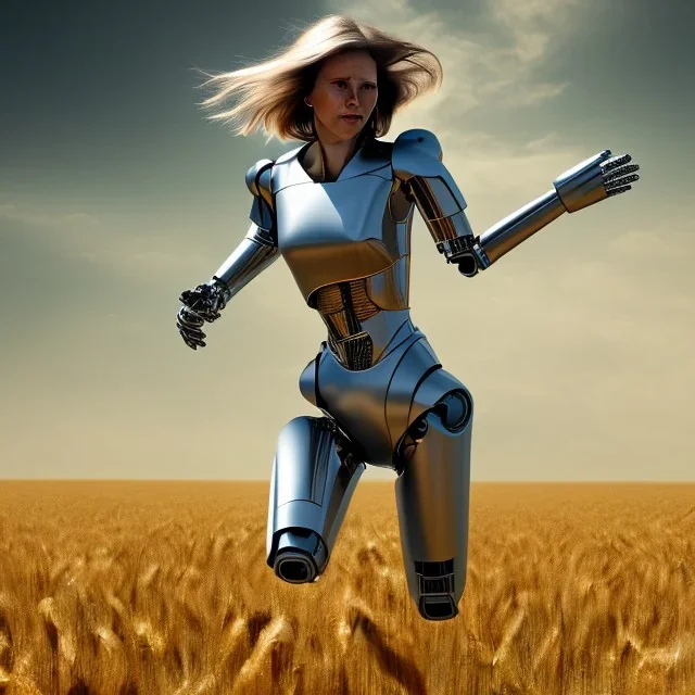theresa may in robot armor, running through fields of wheat, sunshine, daytime, future, dystopian, hyperrealism
