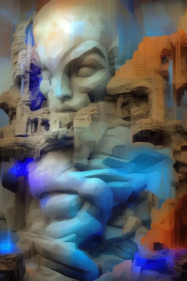 surrealis monochrome A fragmented, surreal sculpture liguid blue color of photorealistic image 3d,psychedelic art glossy emerging from devilish a crumbling empire state building. The face appear and intricate details, evoking a haunting expression. set against a backdrop of stormy, cloud-filled skies. bauhaus art The overall tone is dark blue and moody, suggesting themes of decay and transformation.