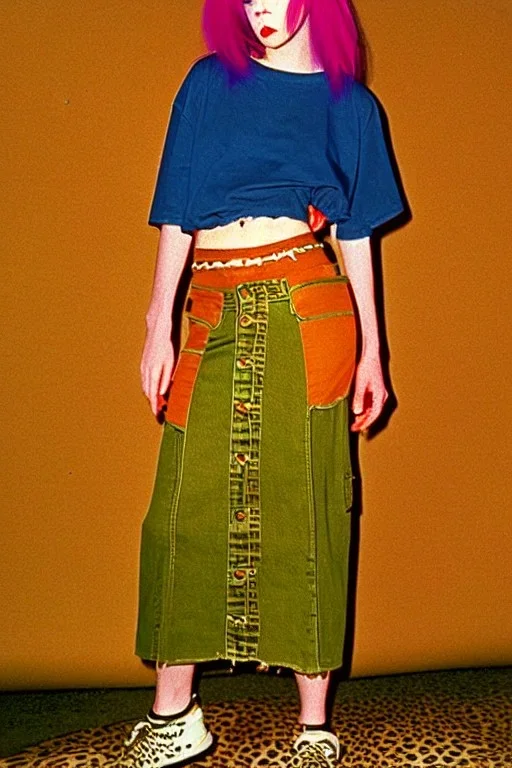 year 1996 denim fashion. Loose skirt, low waist. Combat pants and t-shirt. Colors: denim blue, blue, purple, cream, khaki, light green, lilac, plum, orange, terracotta, red, light yellow, pink, dark blue, beige. Latex in small part. Cheetah pattern. Gwen Stephani, Shirley Manson.Cargo pants